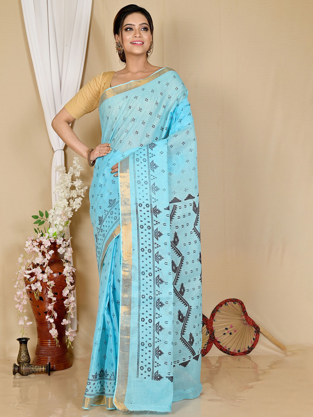 PuJoy Ethnic Motifs Woven Design Pure Cotton Taant Saree