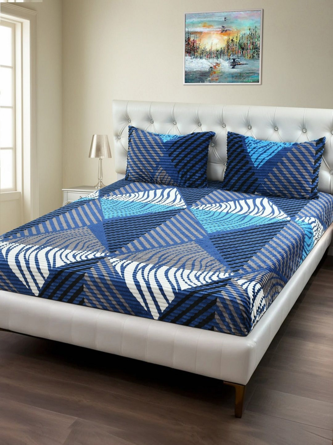 MORADO Blue & White Geometric Printed 180 TC Queen Bedsheet Set 1.8 m x 1.9 m