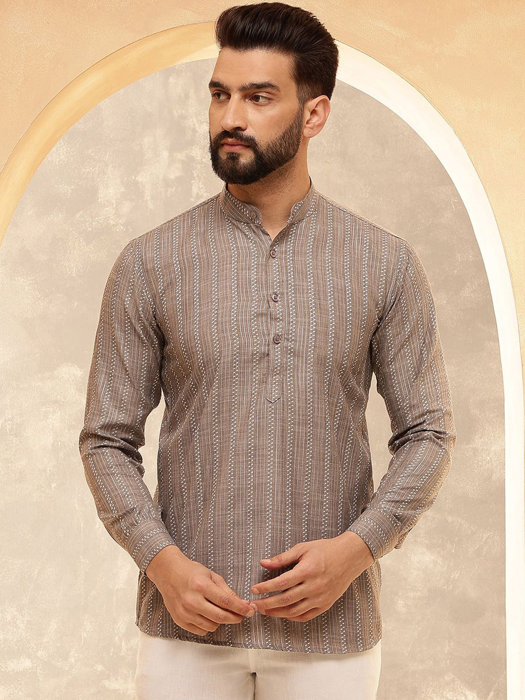 Anouk Brown And White Geometric Printed Band Collar Straight Short Kurta