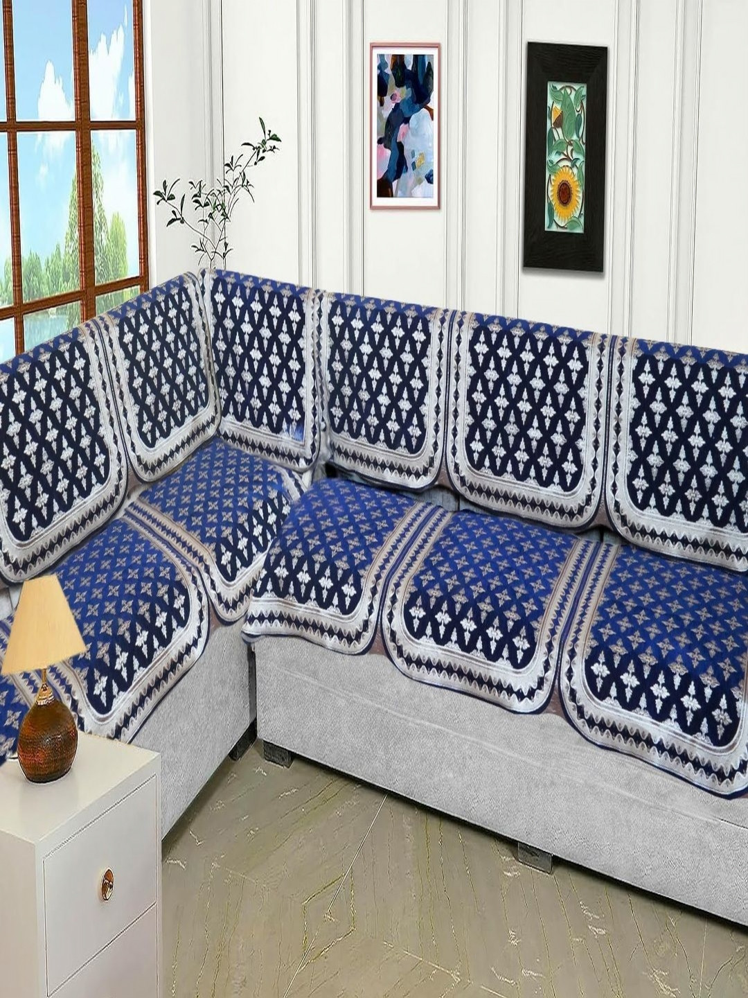 Fashion Throw Blue & White 6 Pieces Printed Jacquard 7 Seater Sofa Cover