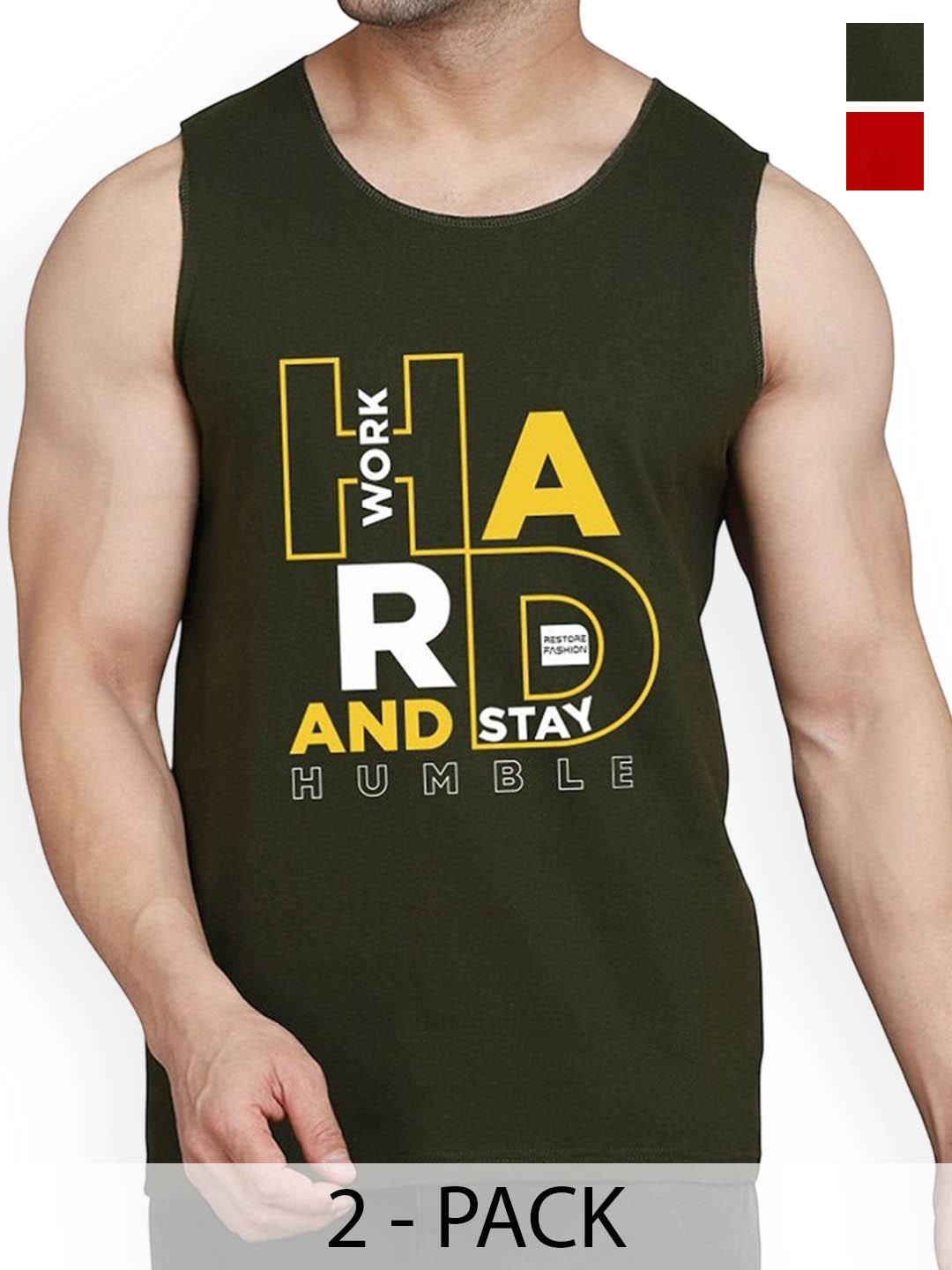 WOOSTRO Pack Of 2 Printed Cotton Gym Vests RS26 CMB (HARD OLIVE) (RUN RED)