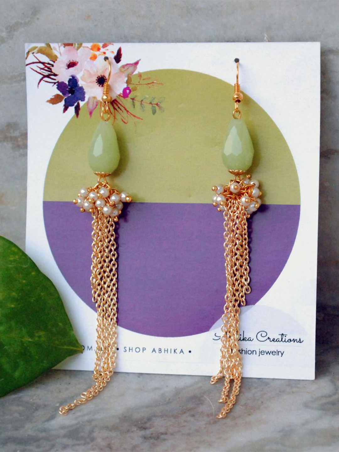BeAbhika Gold-Plated Pearls Contemporary The Green Cascade Drop Earrings