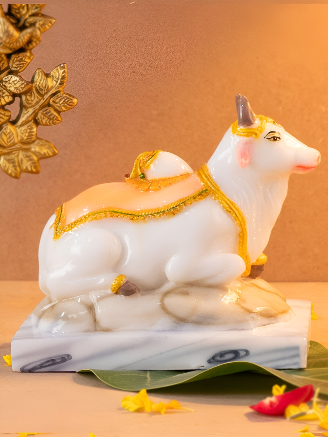 The Advitya Nandi Cow White Marble Glossy Living Room Small Showpiece - 5 Inches