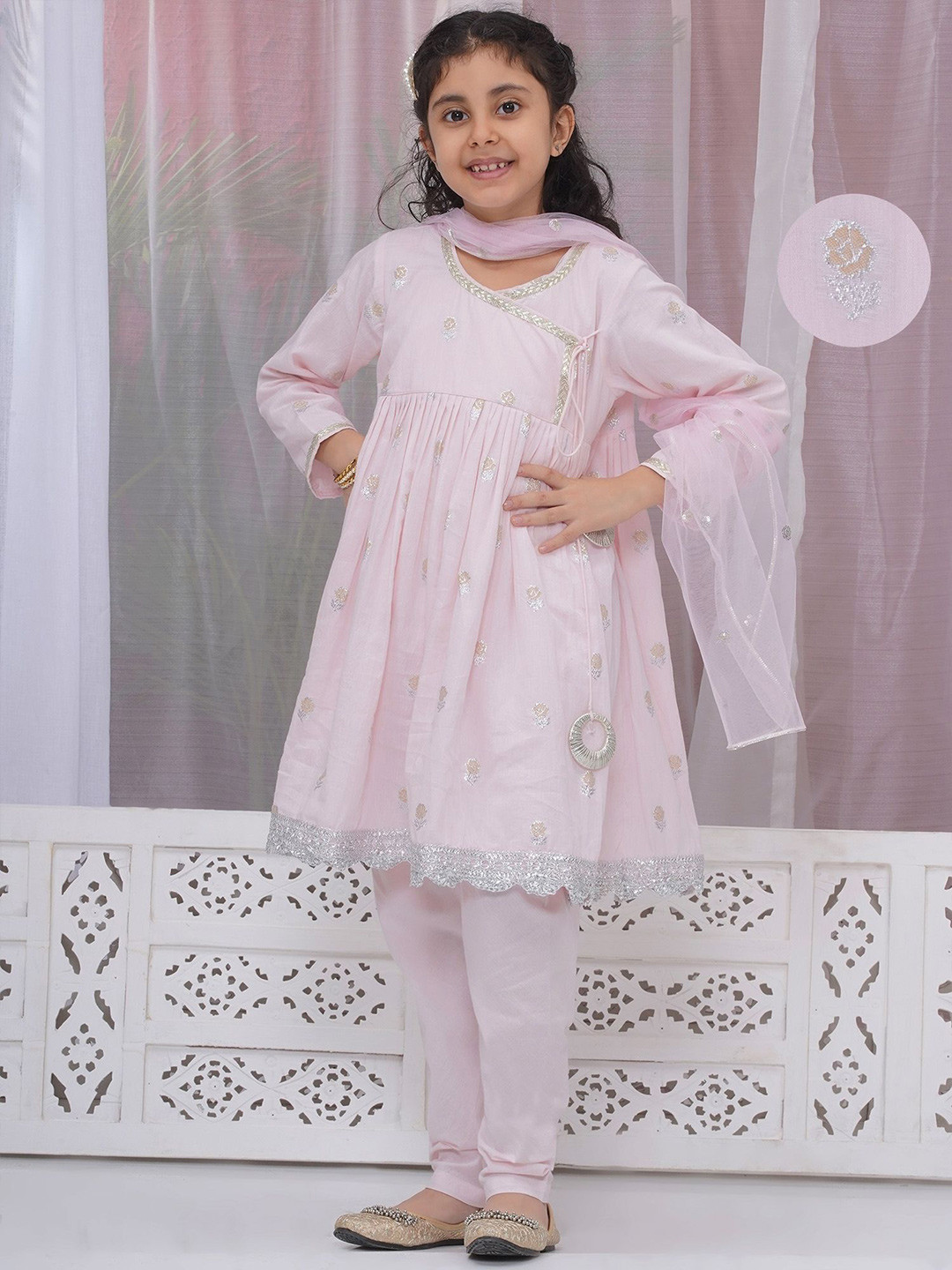Little Bansi Girls Floral Woven Design Pure Cotton A-Line Kurta with Salwar & Dupatta