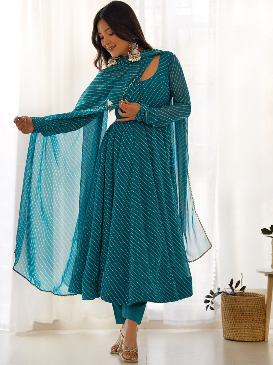 Yara Creation Leheriya Printed Pure Fox Georgette Anarkali Kurta With Trousers & Dupatta