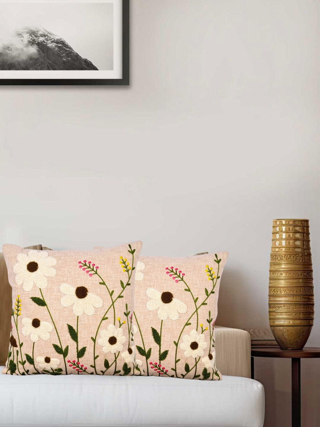 Vinayaka Fab Peach And Green 2 Pieces Floral Embroidered Linen Square Cushion Covers