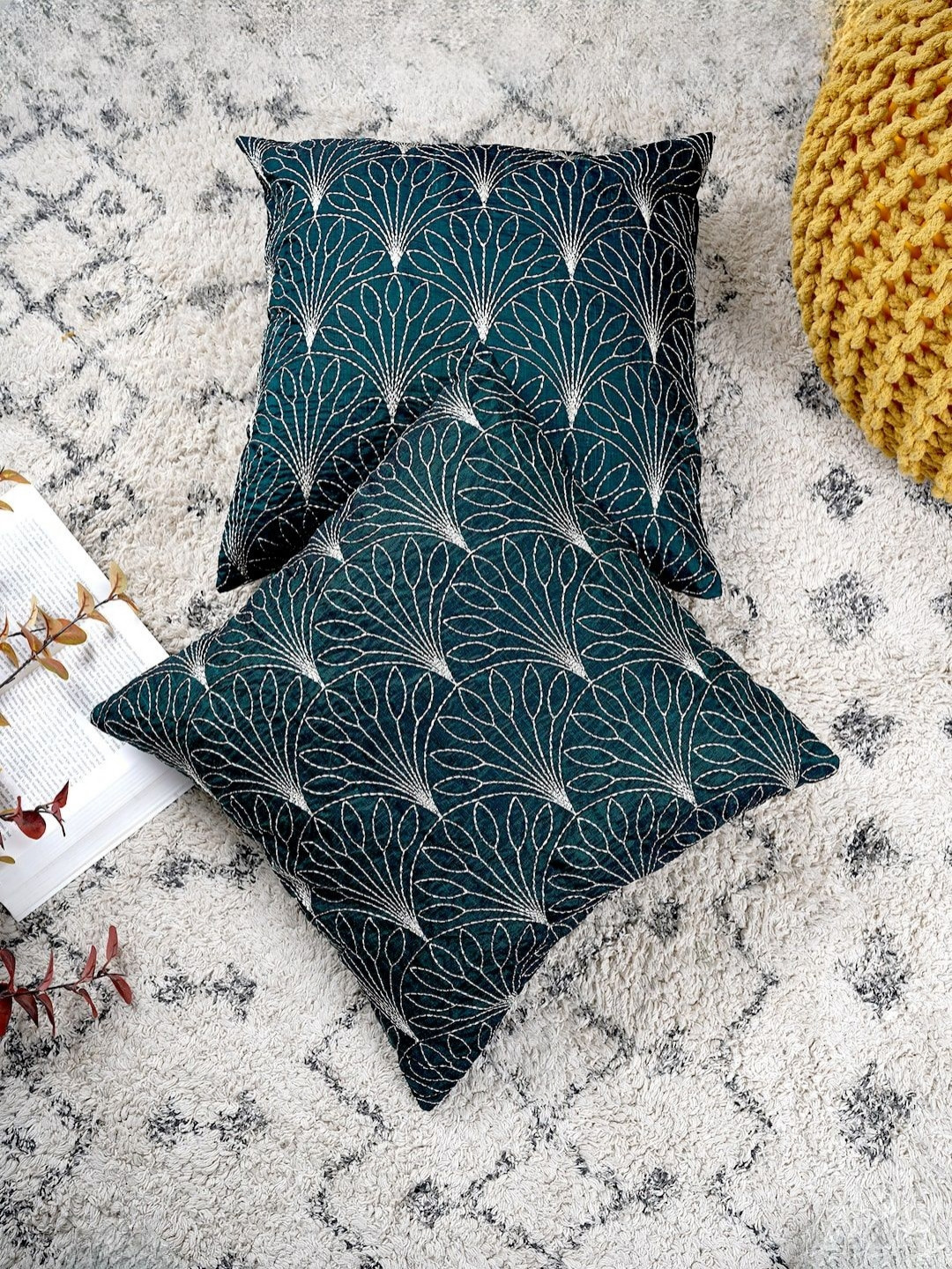 Ratan Cart Teal Cotton Washable 2 Piece Embroidered Square Cushion Covers -16x16In