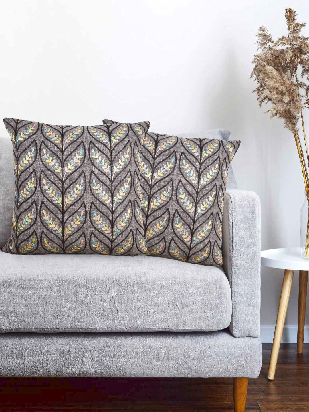 Vinayaka Fab Grey And Blue 2 Pieces Floral Embroidered Linen Square Cushion Covers