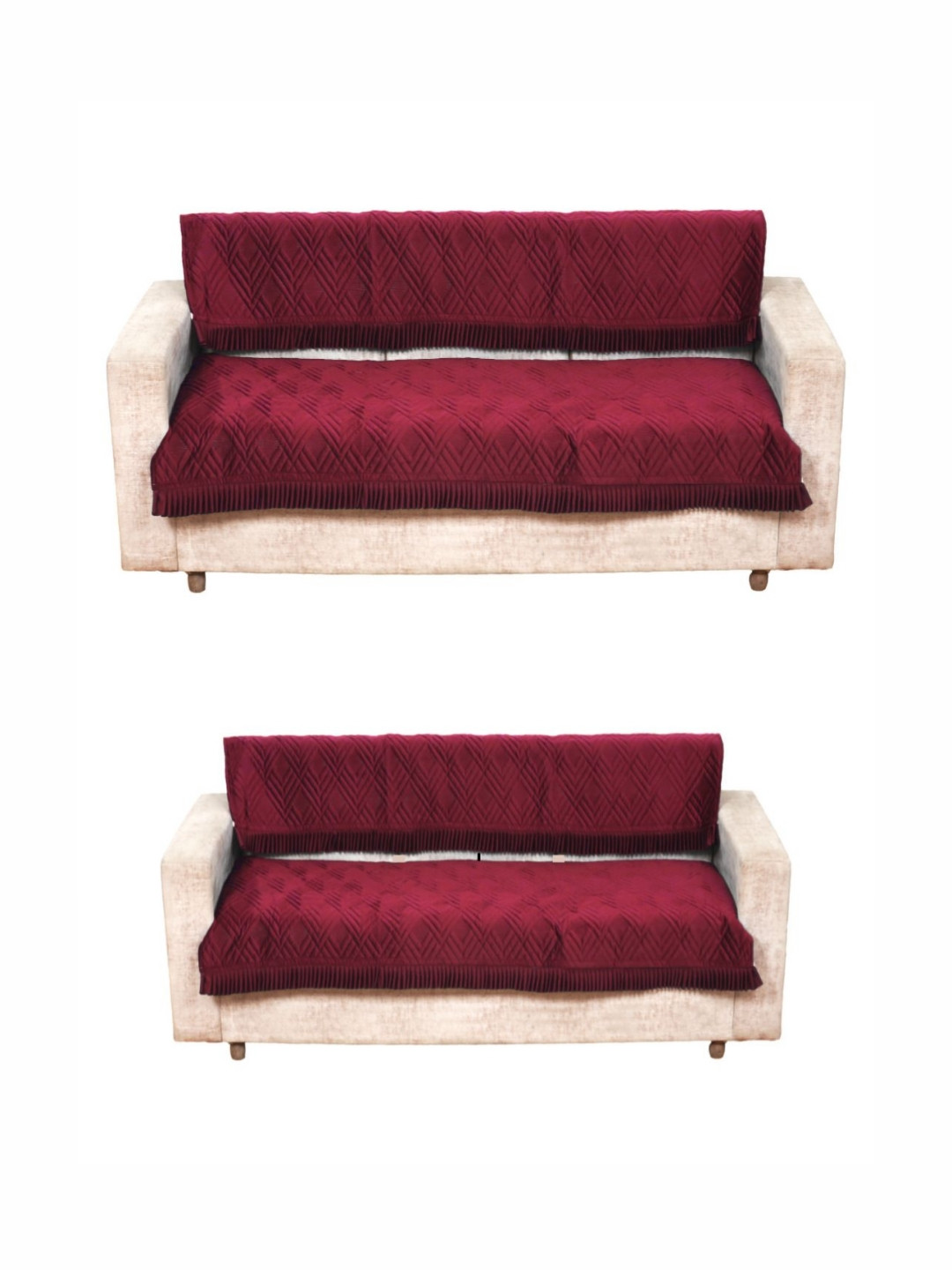 Fashion Throw Maroon 4 Pieces Self Design 5 Seater Velvet Sofa Covers