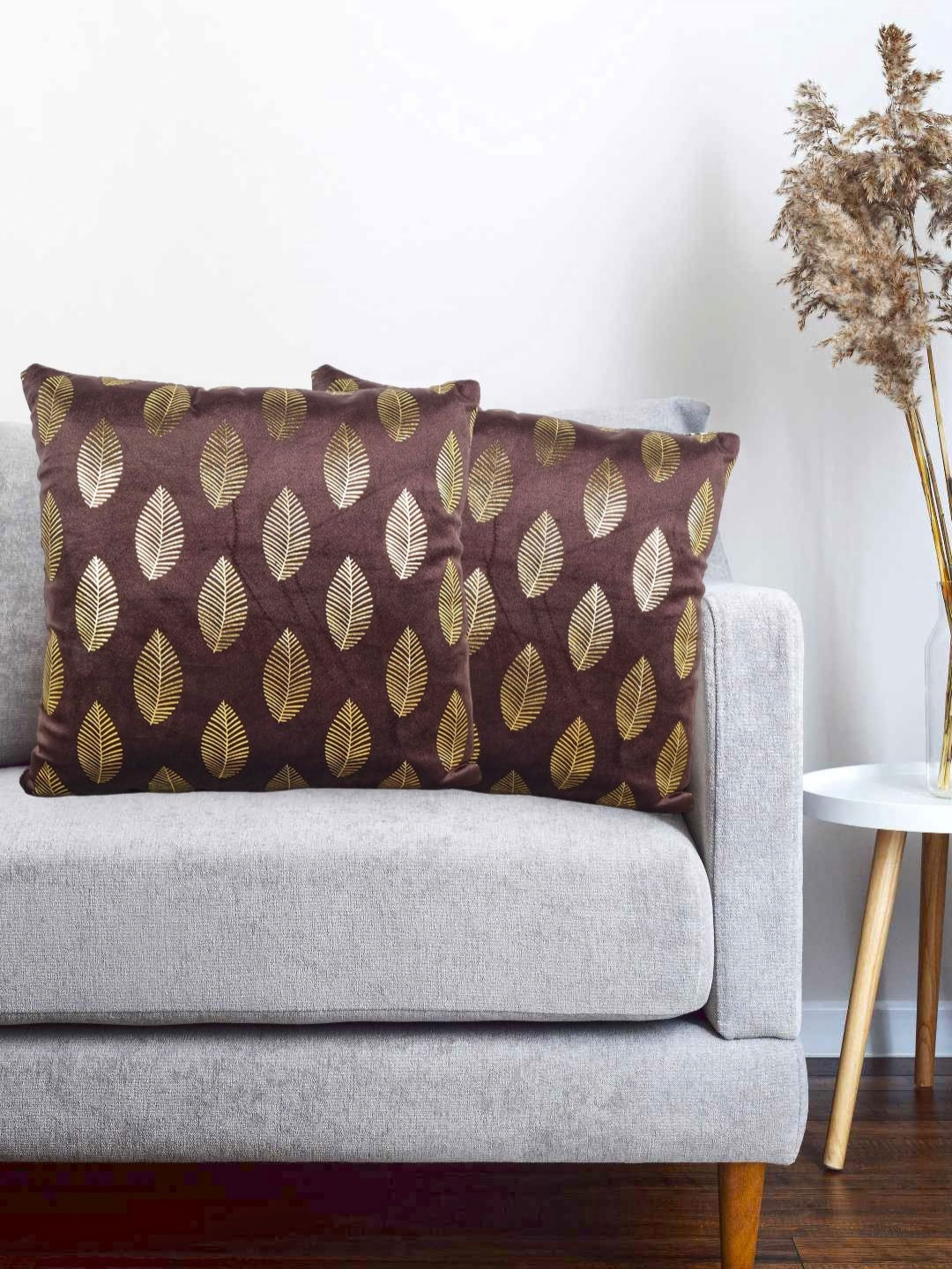 Vinayaka Fab Brown And Gold-Toned 2 Pieces Floral Printed Velvet Square Cushion Covers