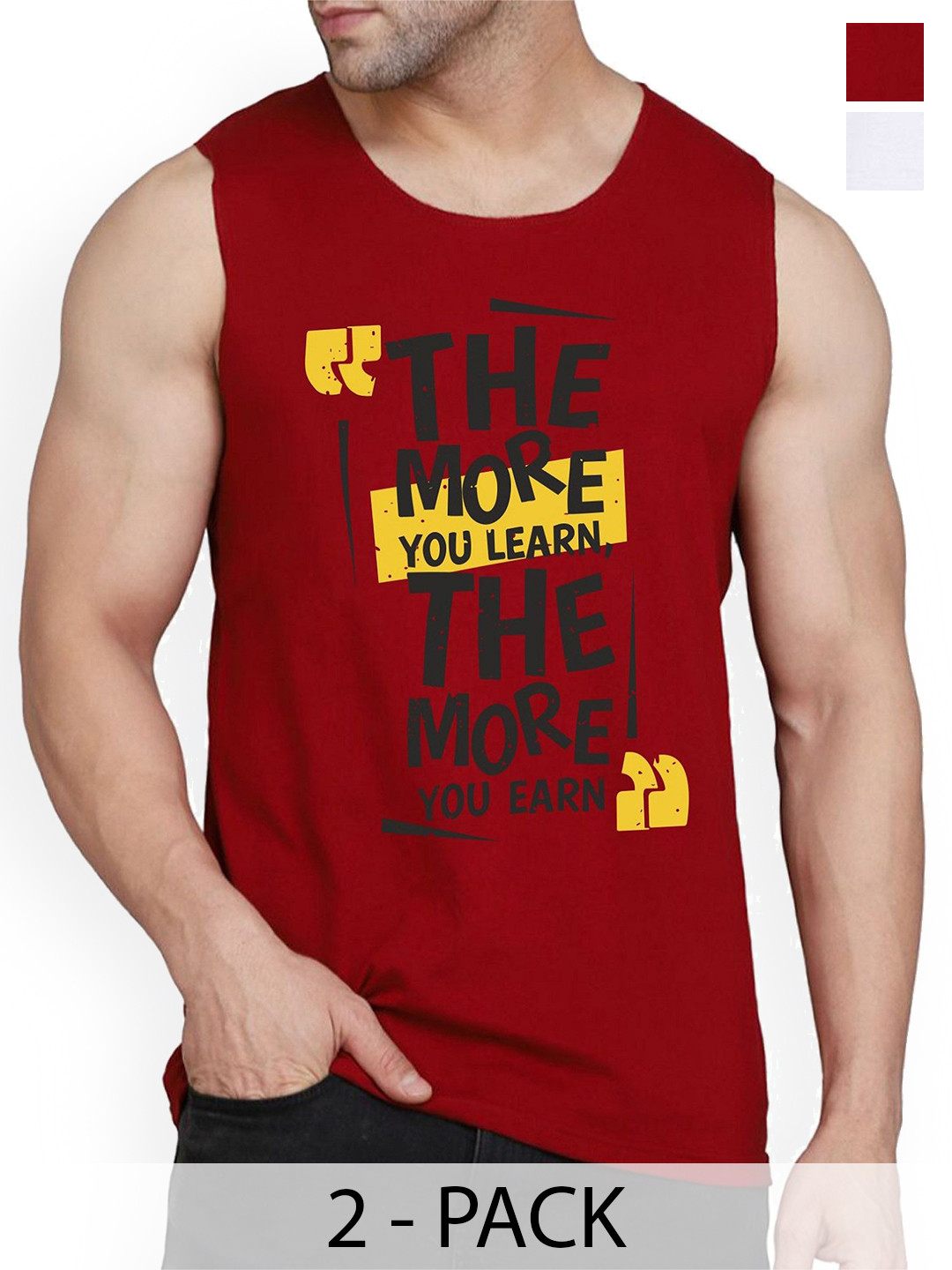 WOOSTRO Pack Of 2 Printed Cotton Gym Vests RS26 CMB (MORE MAROON) (RUN WHITE)