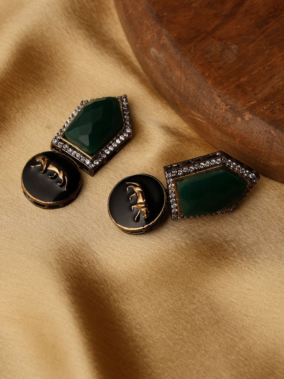 PATOLA BY VJ Gold-Plated Artificial Stones Studded Contemporary Shaped Drop Earrings