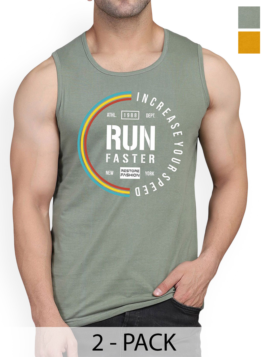 Woostro Pack Of 2 Printed Odour-Free Innerwear Vests RS26 CMB (98 MUSTARD) (RUN LGTGREEN)