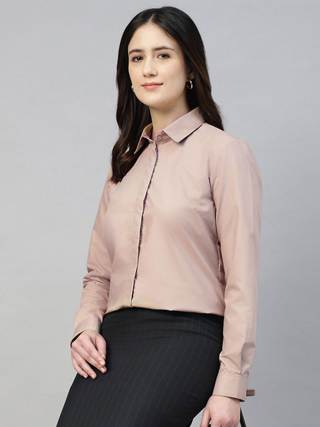 English Navy Women Smart Fit Spread Collar Solid Cotton Formal Shirt