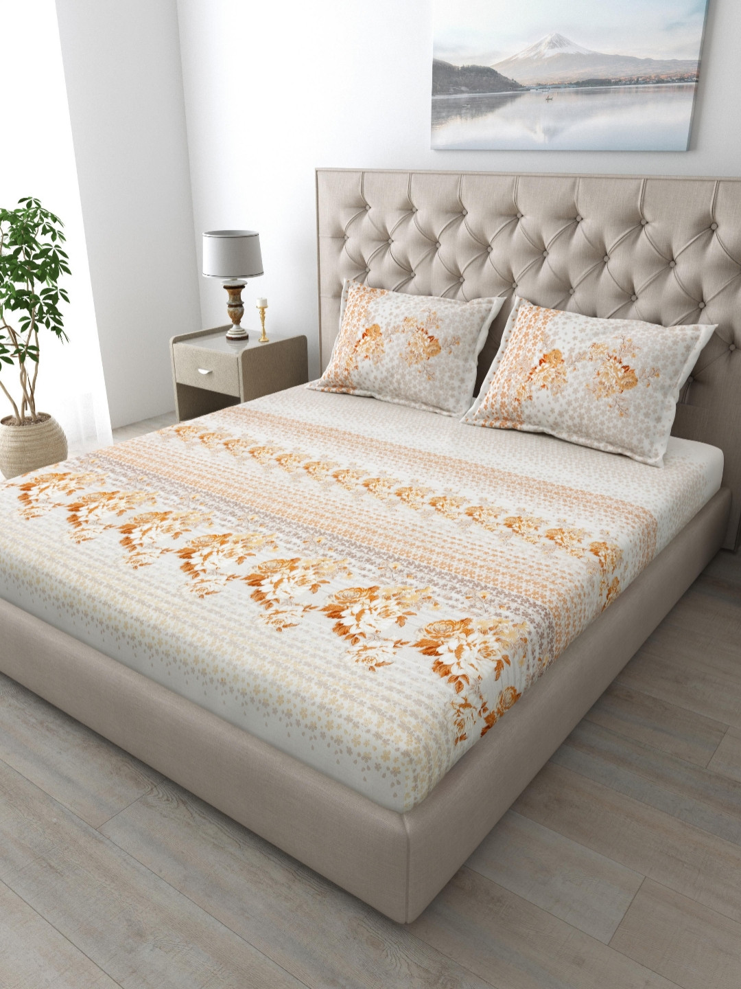 MAFATLAL Spring Glory Beige Floral Cotton 186 TC King Fine Bedsheet with 2 Pillow Covers-108 x 108 inches