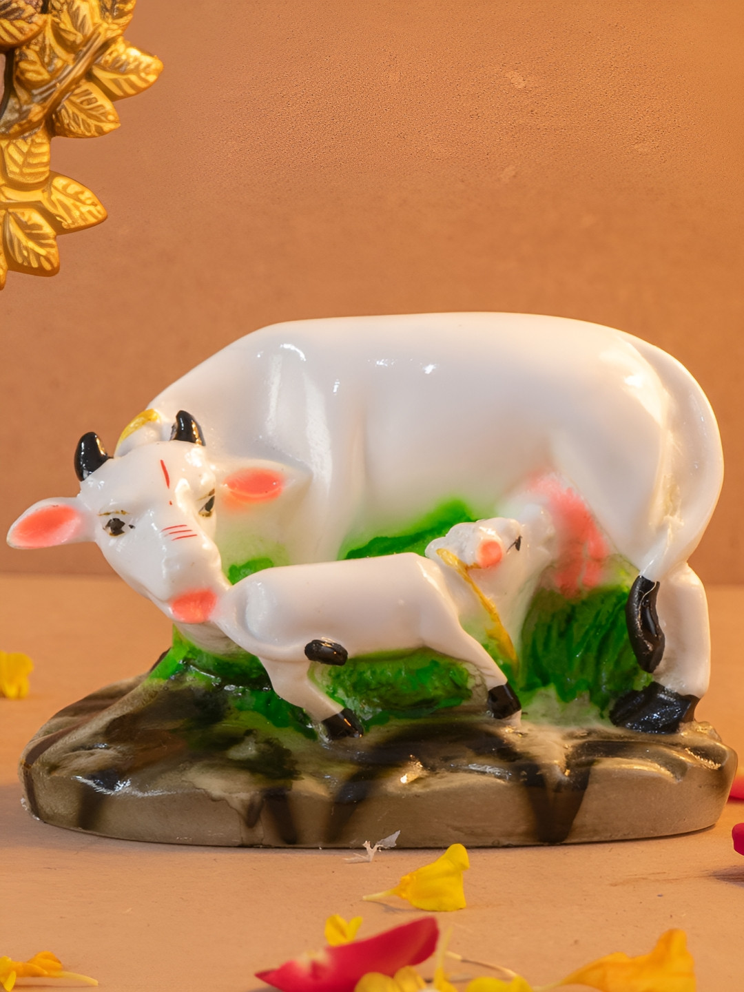 The Advitya Cow with Calf White Polyresin Matte Living Room Small Showpiece - 3.5 Inches