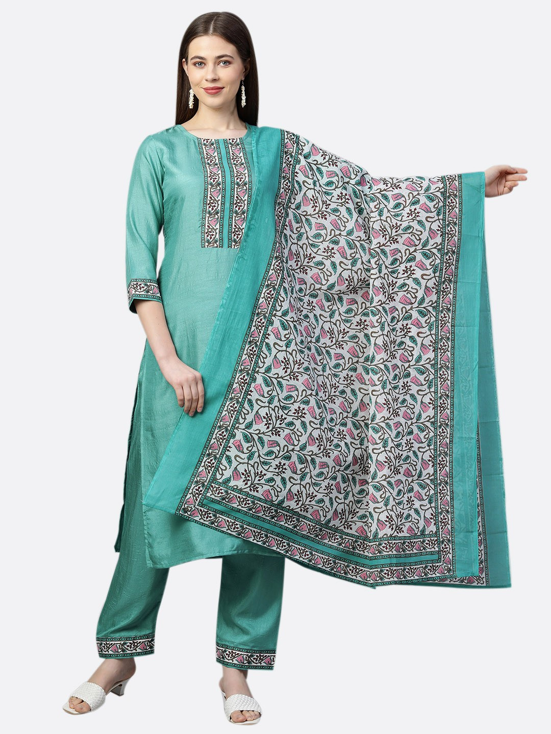 DIVASTRI Deal Floral Printed Straight Kurta With Trousers & Dupatta