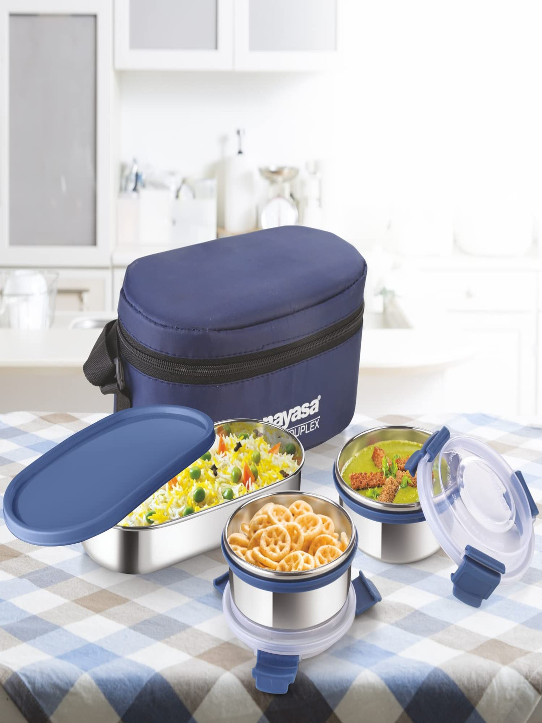 Nayasa Aqua Duplex Airtight Leakproof Stainless Steel 4PCs Lunch Box With Spoon and Fork