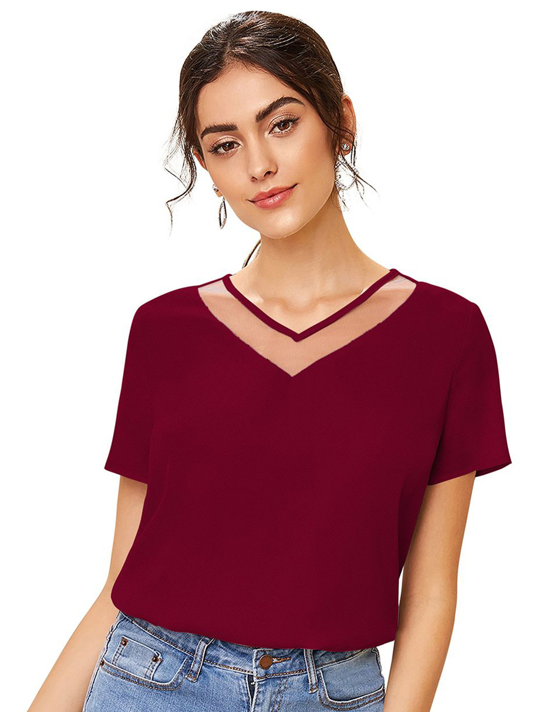 S.K.C Women V-Neck Short Sleeves Top