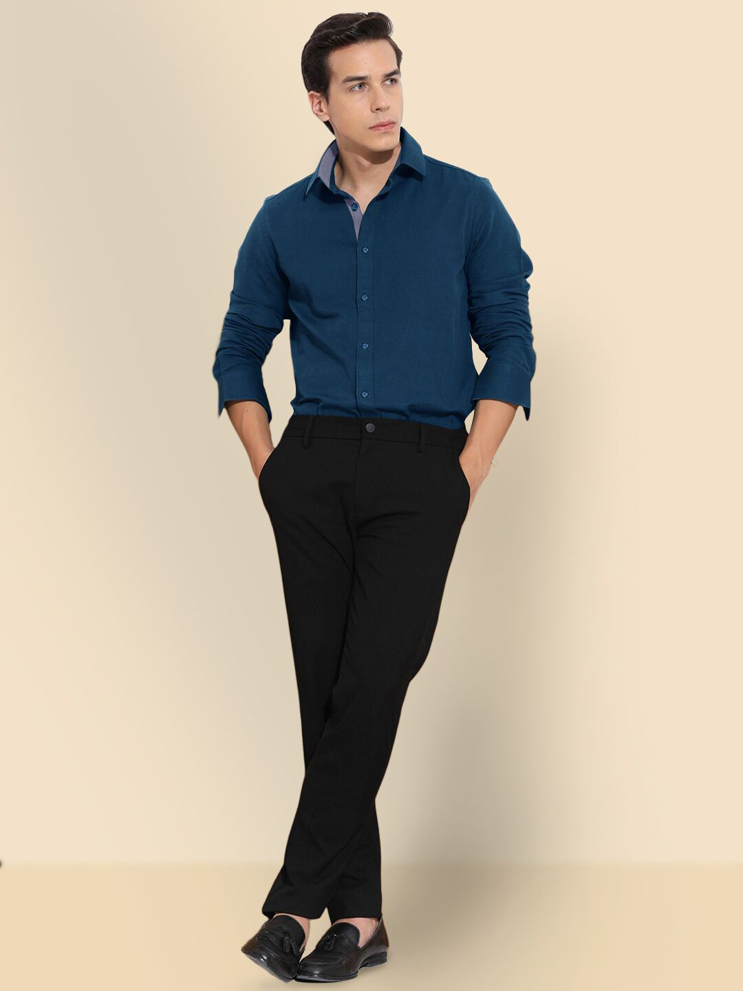 SZN Men Standard Fit Spread Collar Solid Cotton Formal Shirt