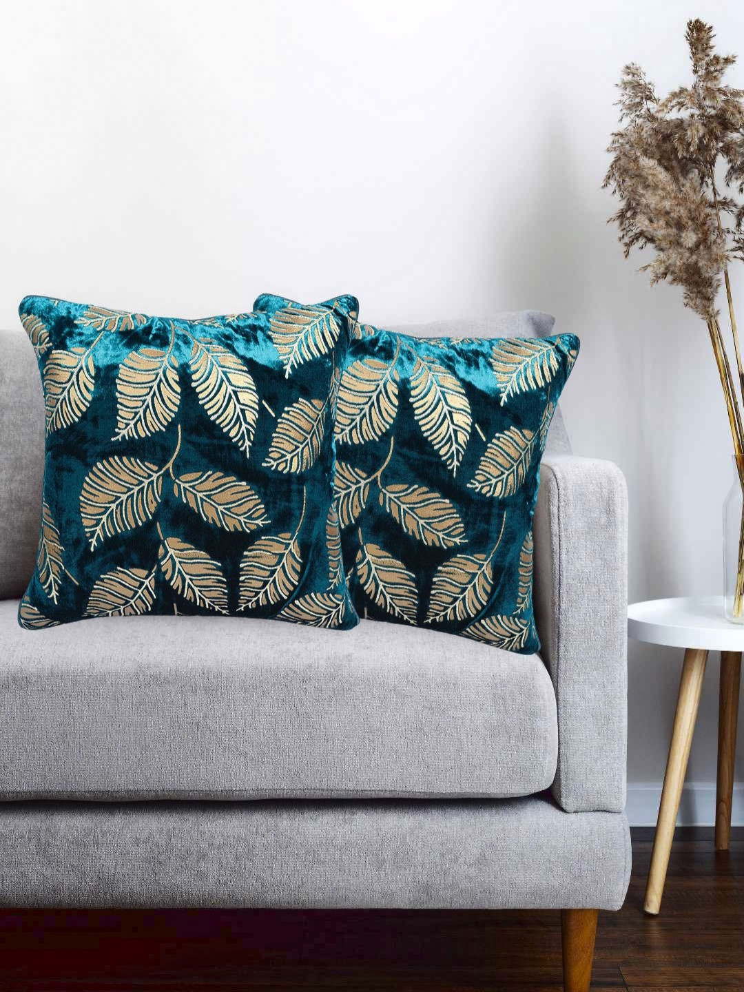 Vinayaka Fab Blue And Gold-Toned 2 Pieces Floral Printed Velvet Square Cushion Covers