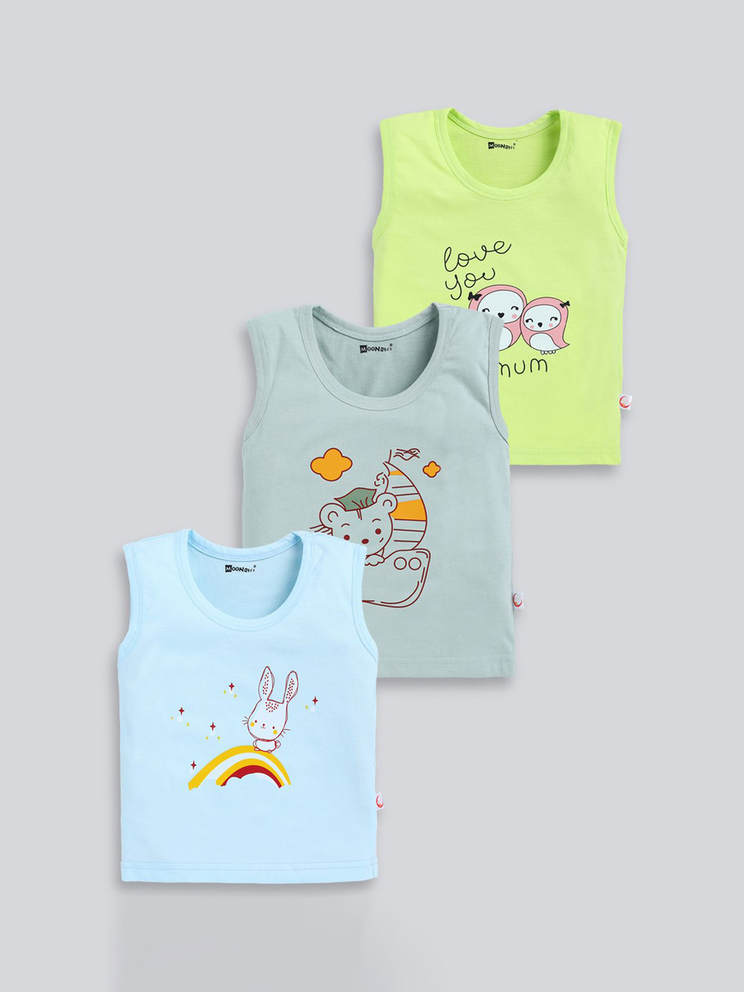 MoonKids Infants Pack Of 3 Printed Cotton Basic Vests