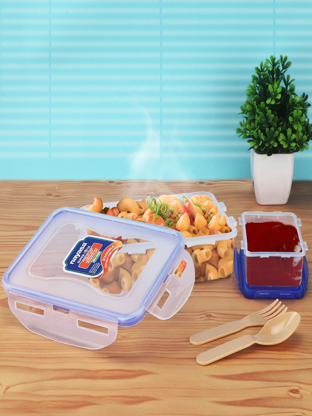 Nayasa Super Lock Airtight Leakproof Blue Solid Plastic 2PCs Lunch Box With Spoon and Fork