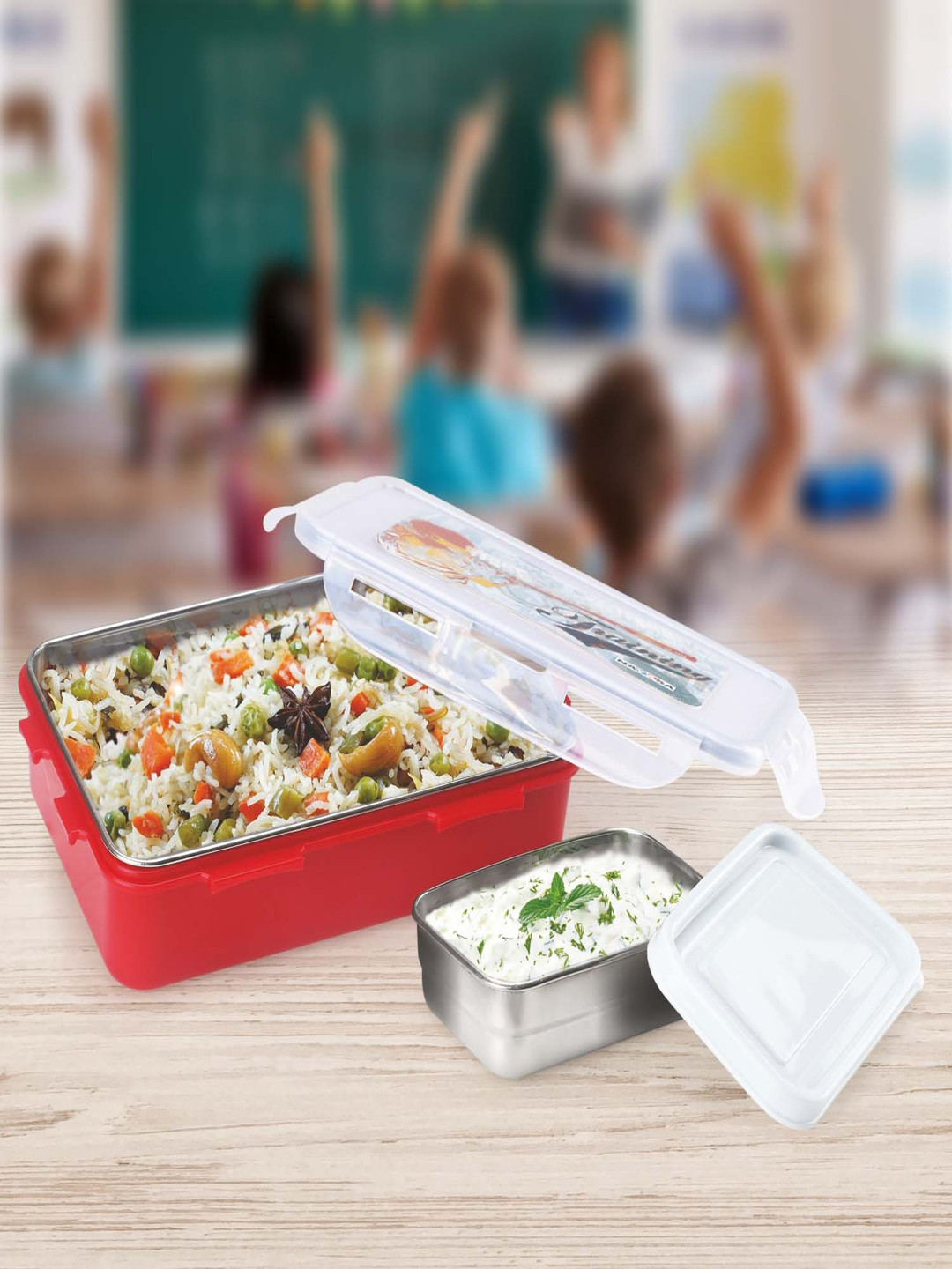 Nayasa Super Lock Airtight Leakproof Graphic Plastic 2PCs Lunch Box With Spoon and Fork