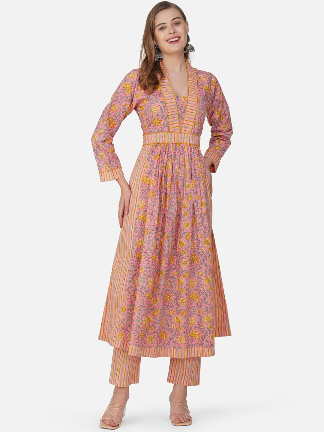 Damira Floral Printed Square Neck Pleated Anarkali Pure Cotton Kurta With Trousers