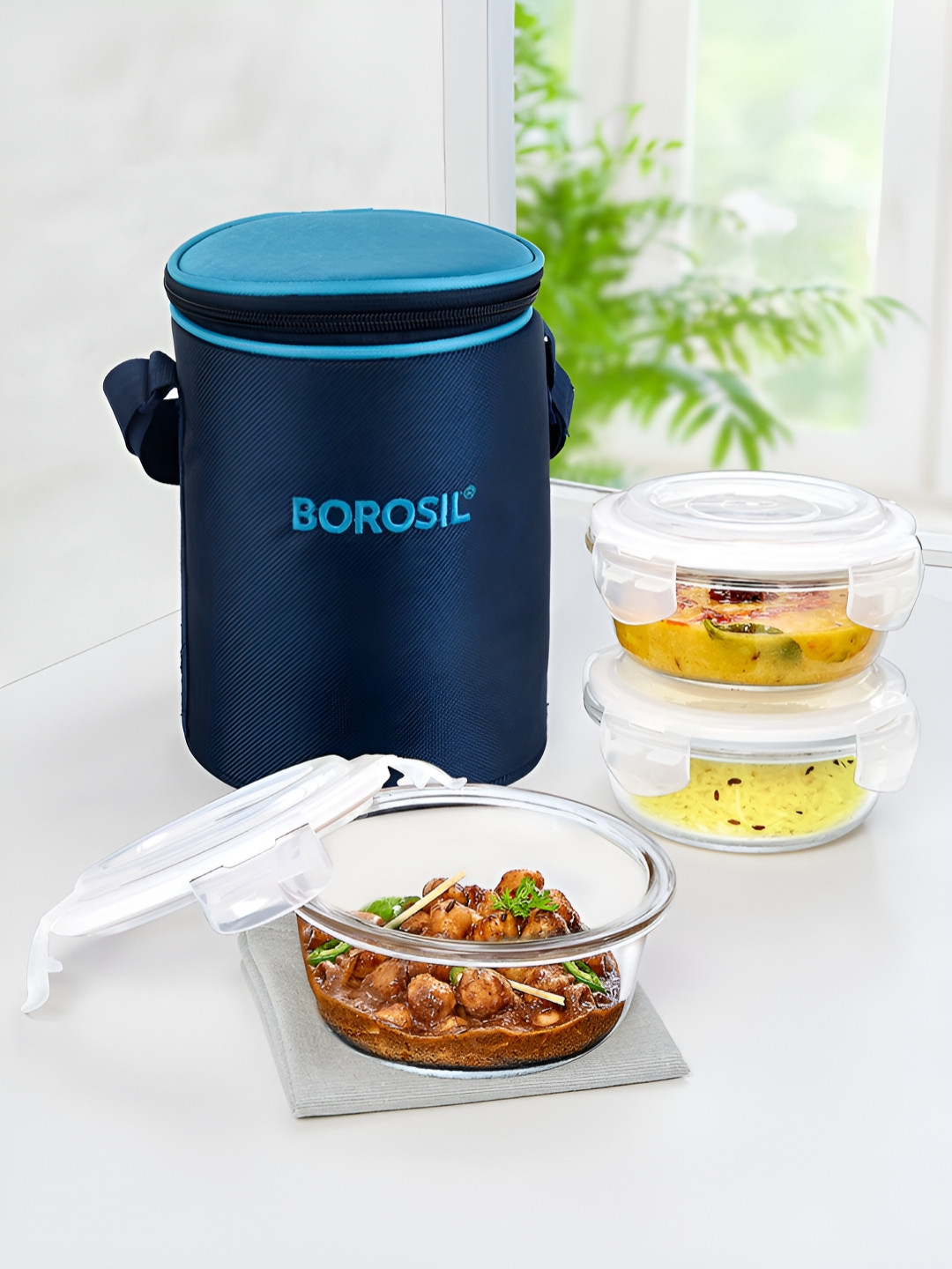 BOROSIL Alfa Blue Solid Glass Microwave Safe 4PCs Lunch Box With Spoon and Fork