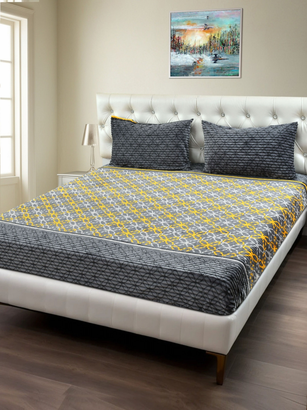 MORADO Grey Melange & Yellow Geometric Printed 180 TC Queen Bedsheet Set 1.8 m x 1.9 m