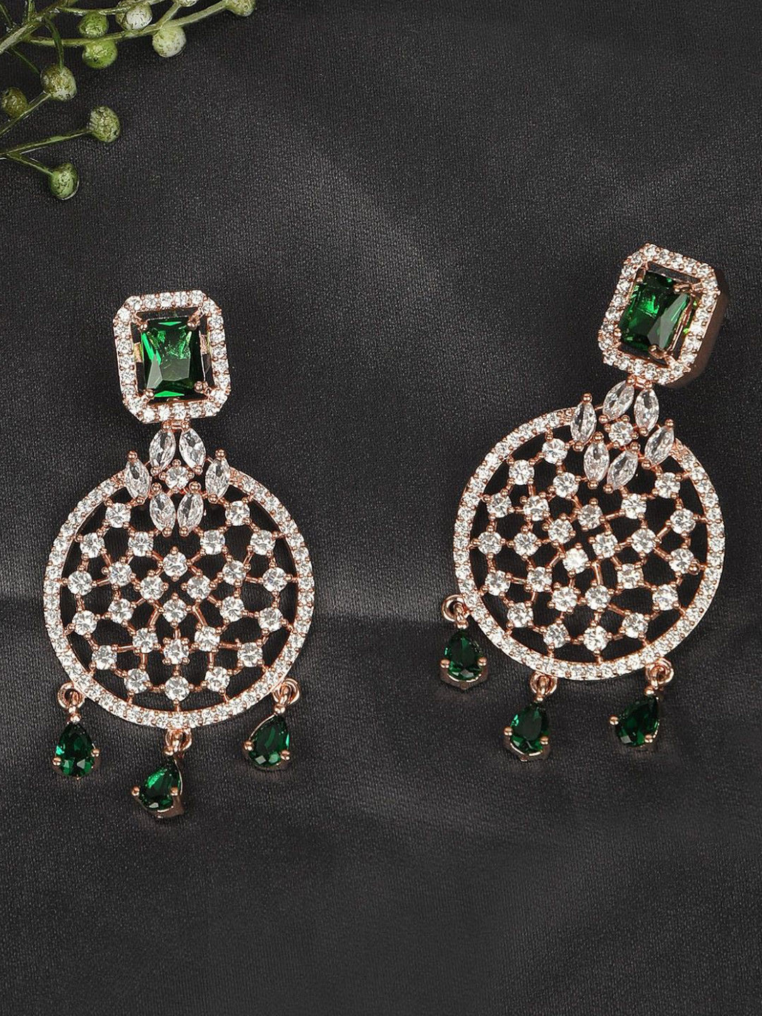 House of Pataudi Rose Gold Plated American Diamond Studded Contemporary Drop Earrings