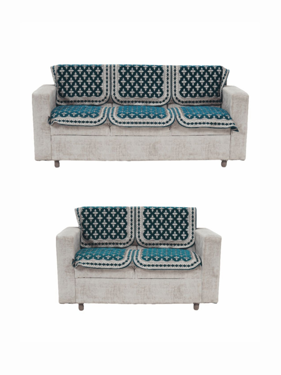 Fashion Throw Turquoise Blue & White 4 Pieces Floral Printed 5 Seater Jacquard Sofa Covers