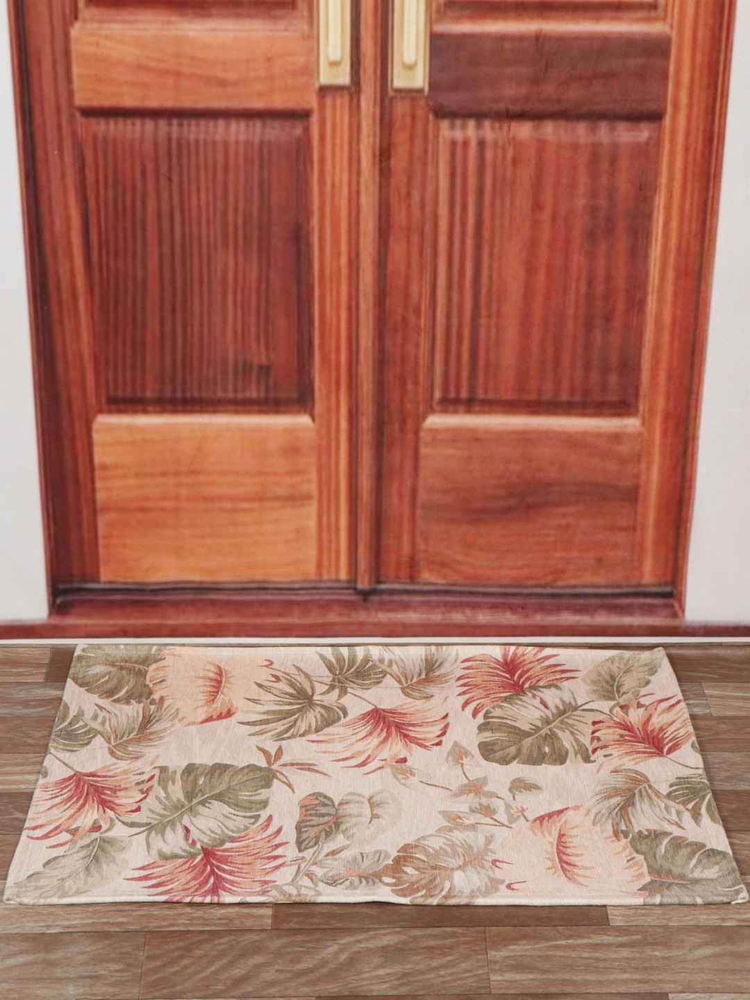 Aura Beige & Peach Colored Leaves Printed Anti Skid Doormat