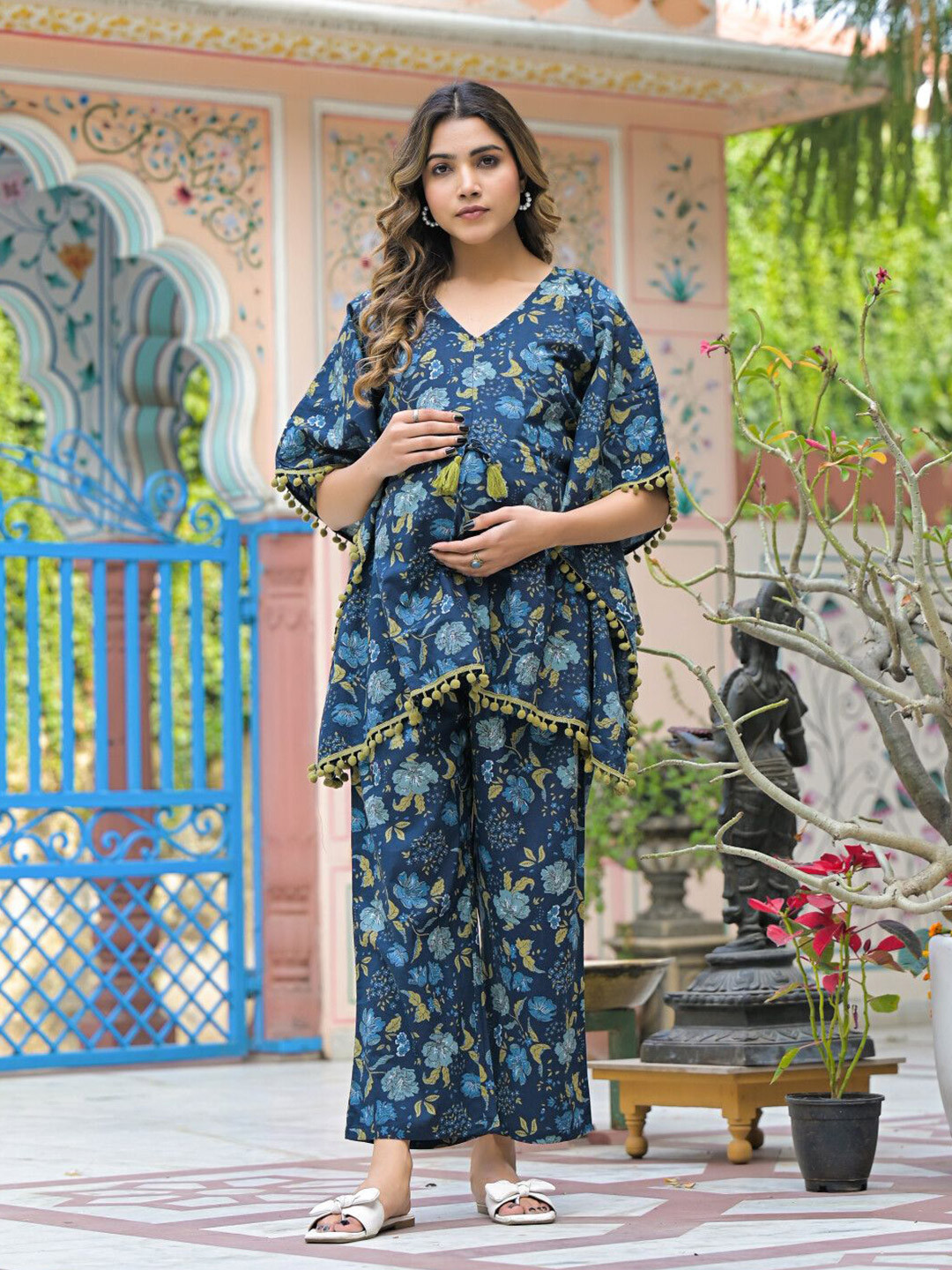 Aujjessa Indigo Printed Cotton Maternity Feeding Kaftan Co-Ords