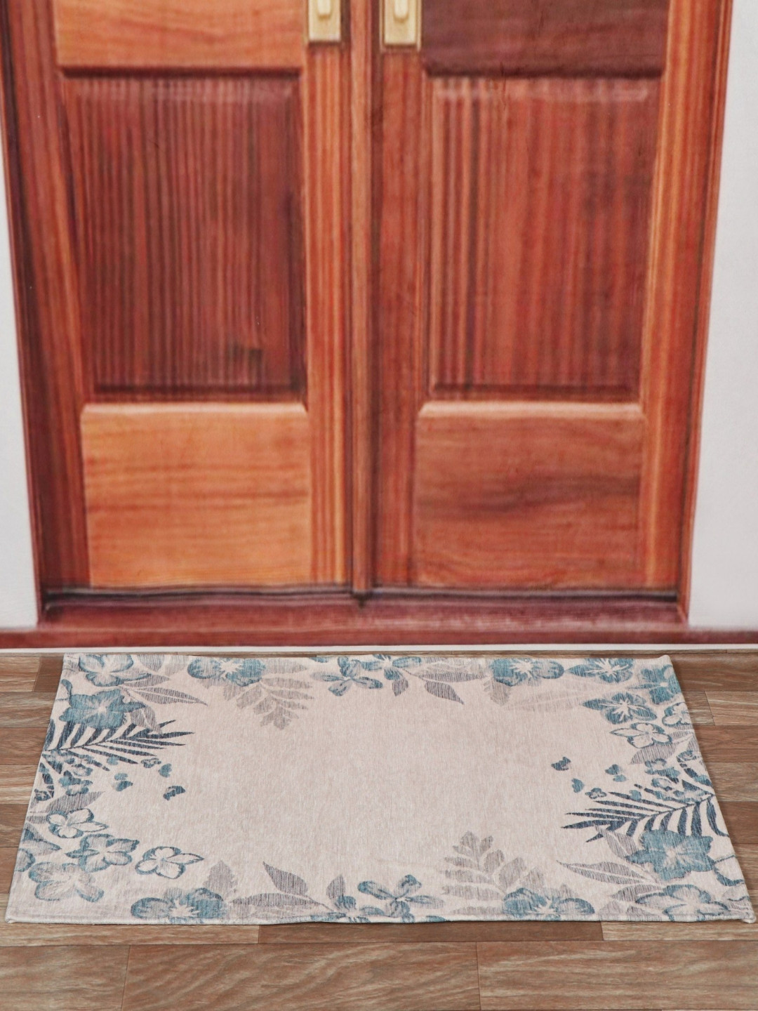 Aura Beige & Blue Floral Printed Anti Skid Doormat