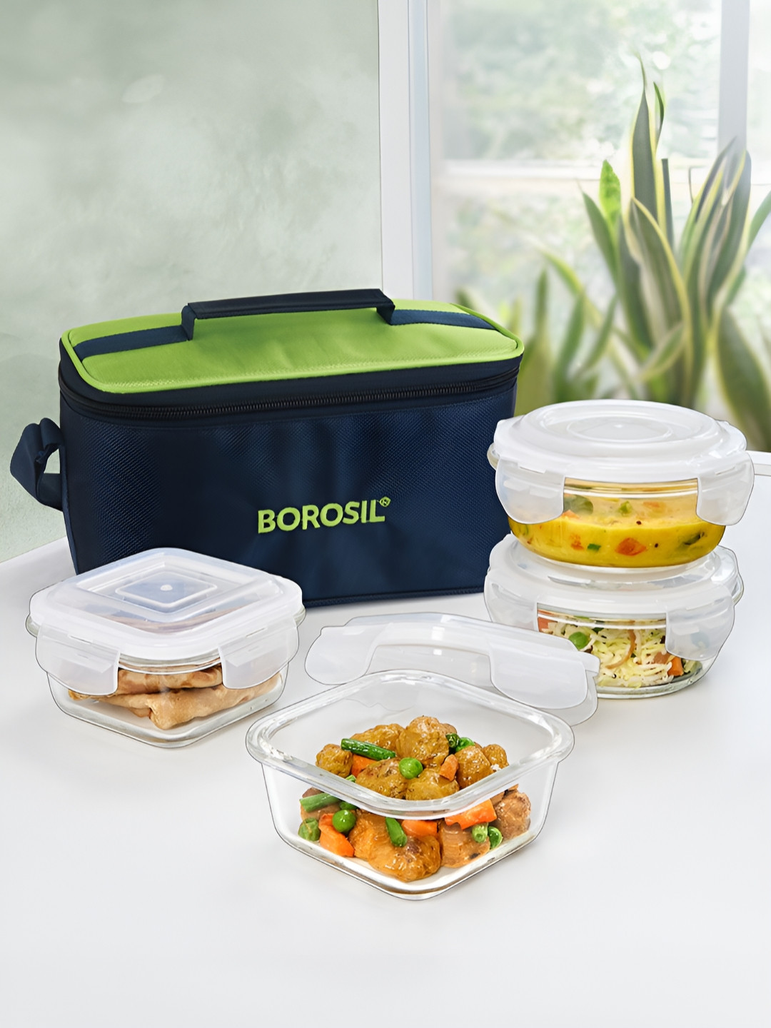 BOROSIL Alfa Green 4 Pieces Glass Square & Round Containers Lunch Boxes With Bag