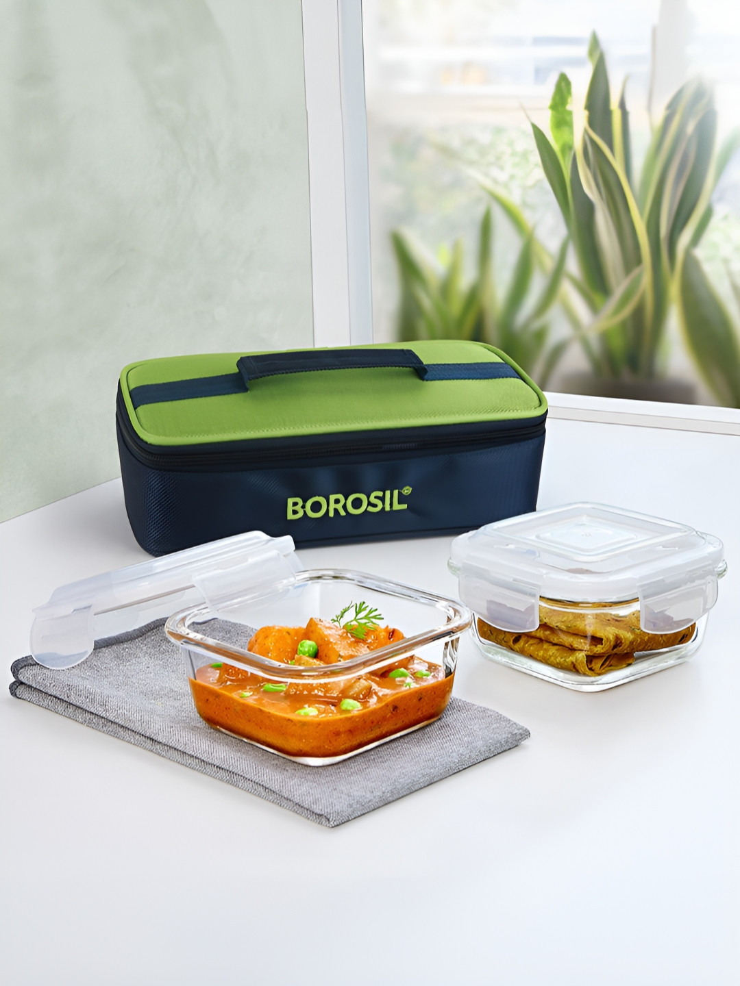 BOROSIL Alfa Green 2 Pieces Borosilicate Glass Square Containers Lunch Boxes With Bag
