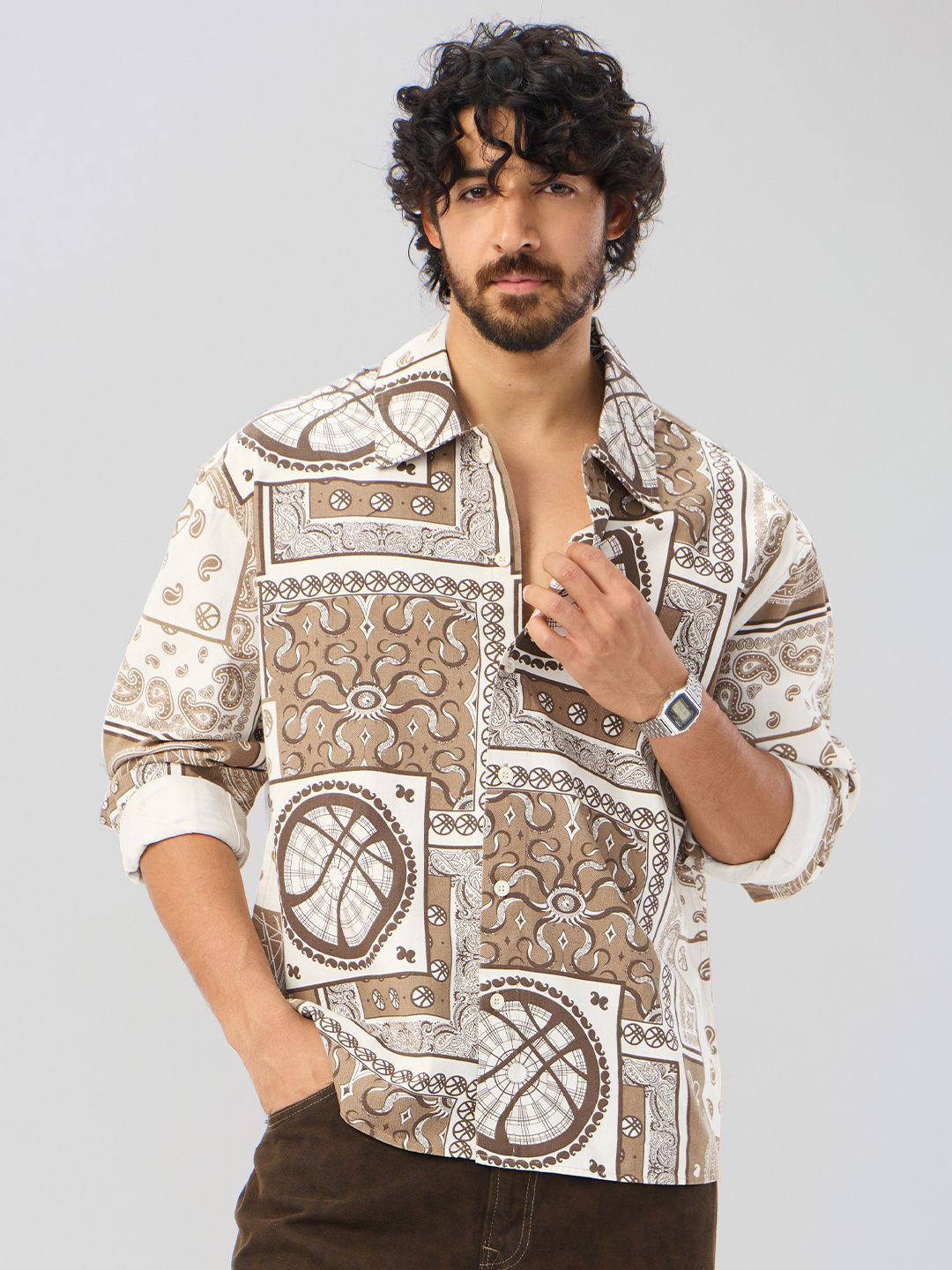 The Souled Store Men Oversized Spread Collar Ethnic Motifs Printed Cotton Casual Shacket