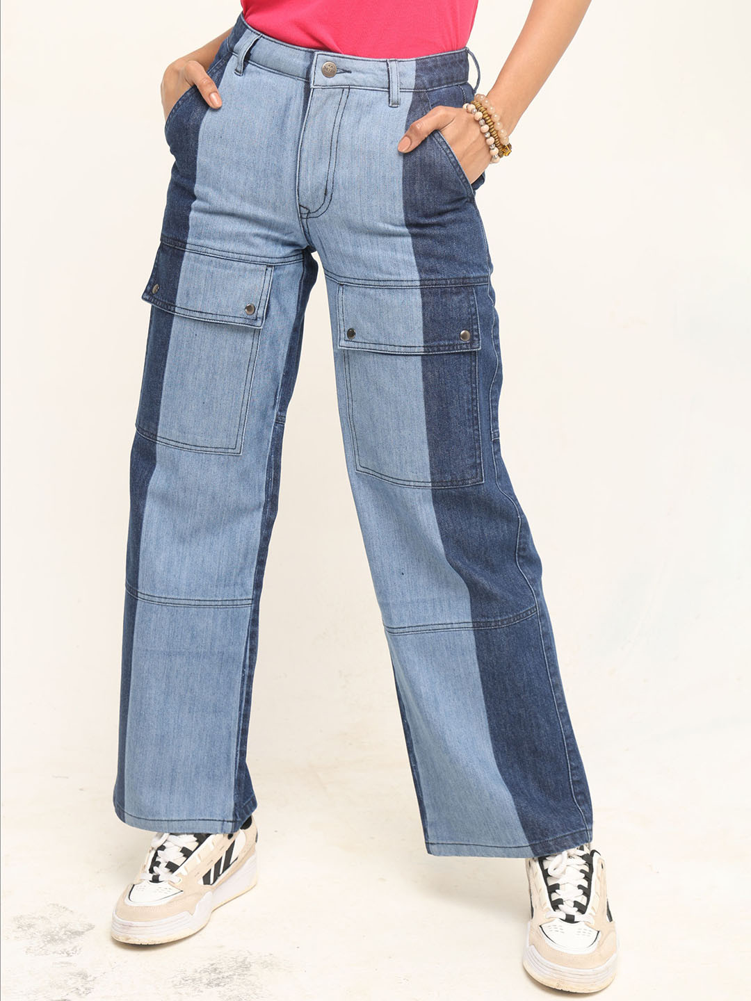 DAYER Women Relaxed Fit Colourblocked Cargo Cotton Jeans