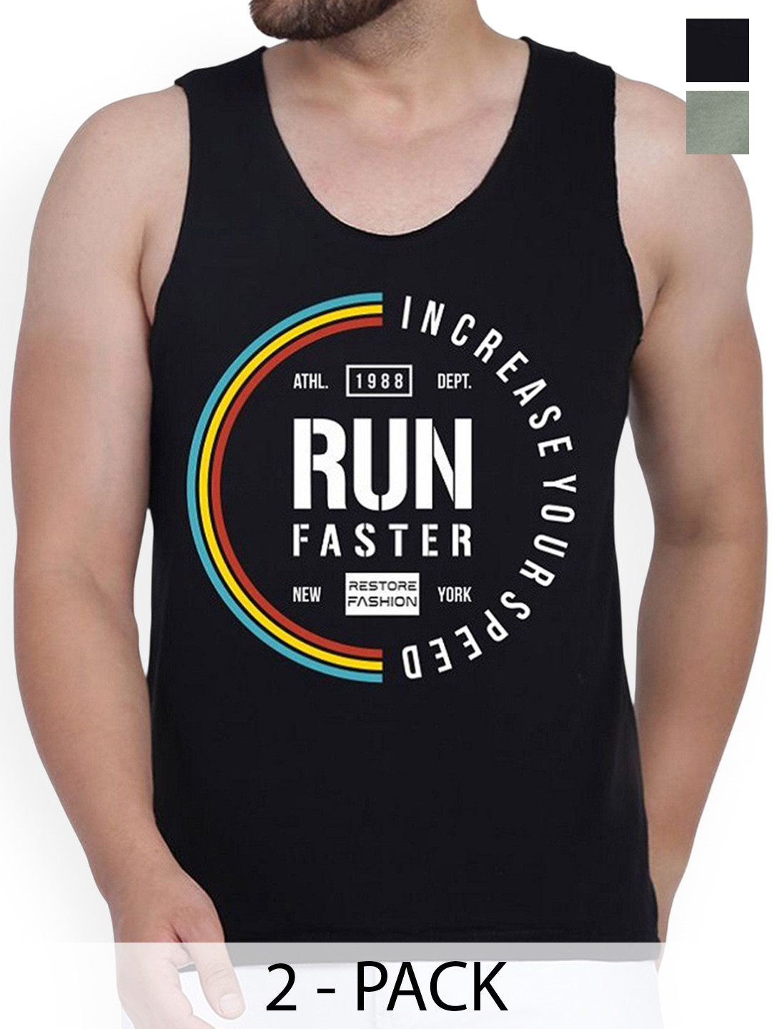WOOSTRO Pack Of 2 Printed Gym Vests RS26 CMB (MORE LGTGREEN) (RUN BLACK)