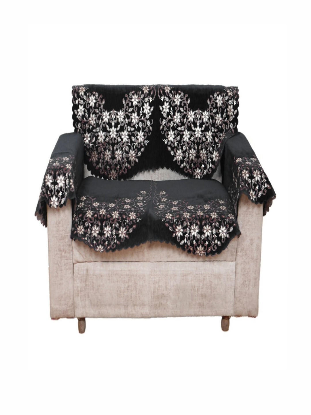 Fashion Throw Grey & White 4 Pieces Floral Printed 2-Seater Jacquard Sofa Covers With Arms