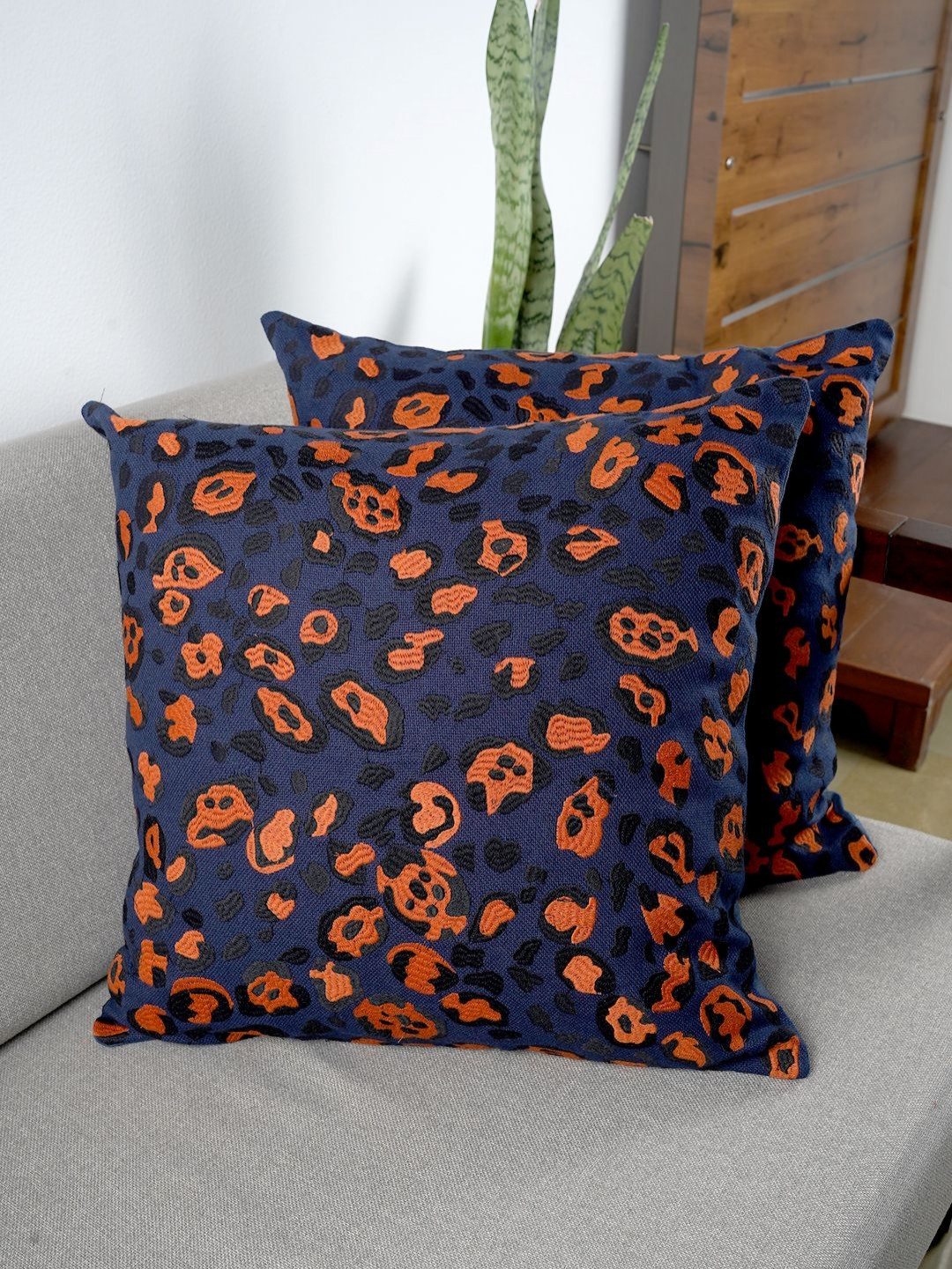 Ratan Cart Cow Conversational Cotton 2 Pcs Embroidered Cushion Covers - 17.7 x 17.7 In