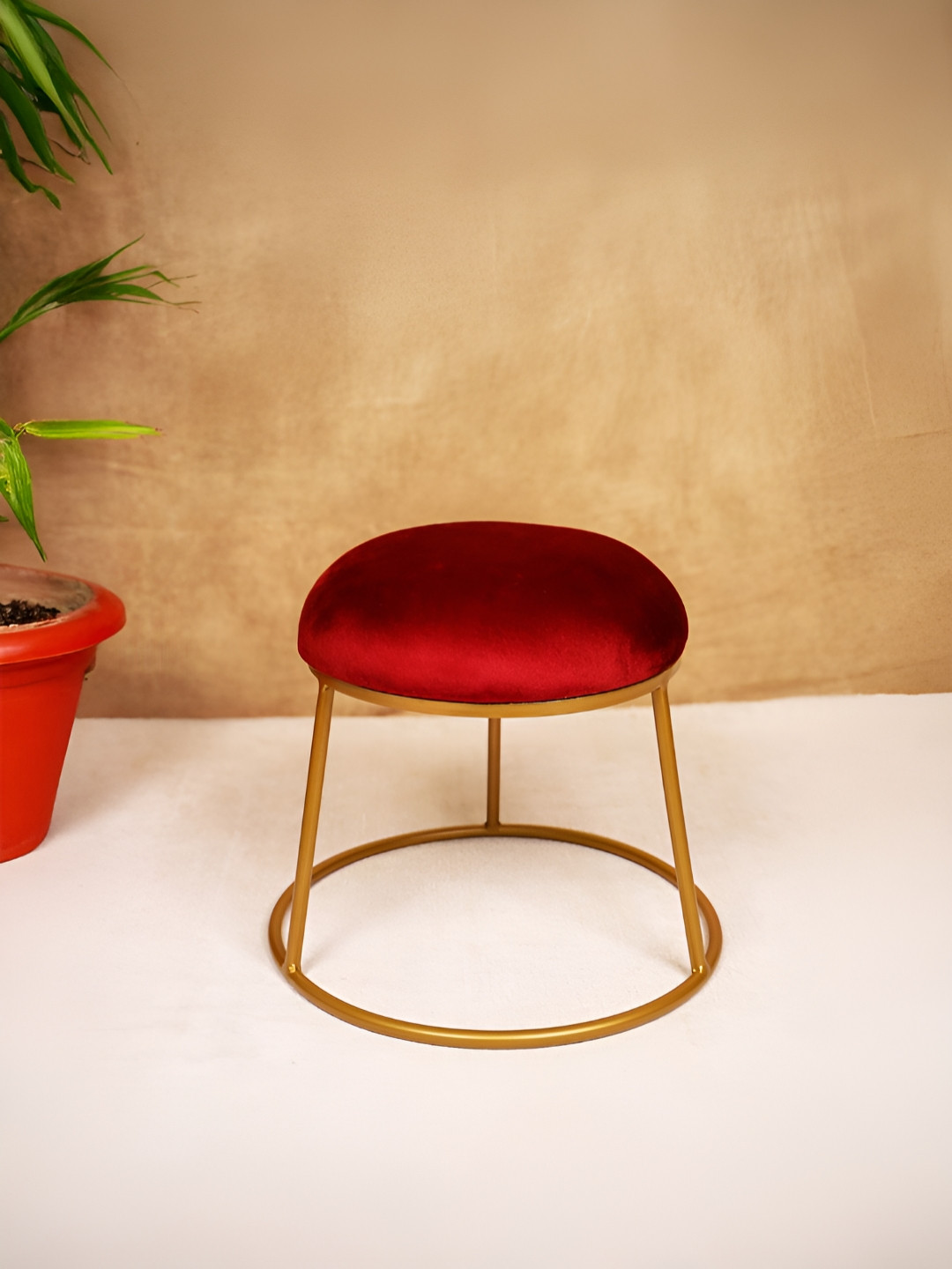 Decoghar Red & Brown Upholstered Round Shaped Metallic Stool