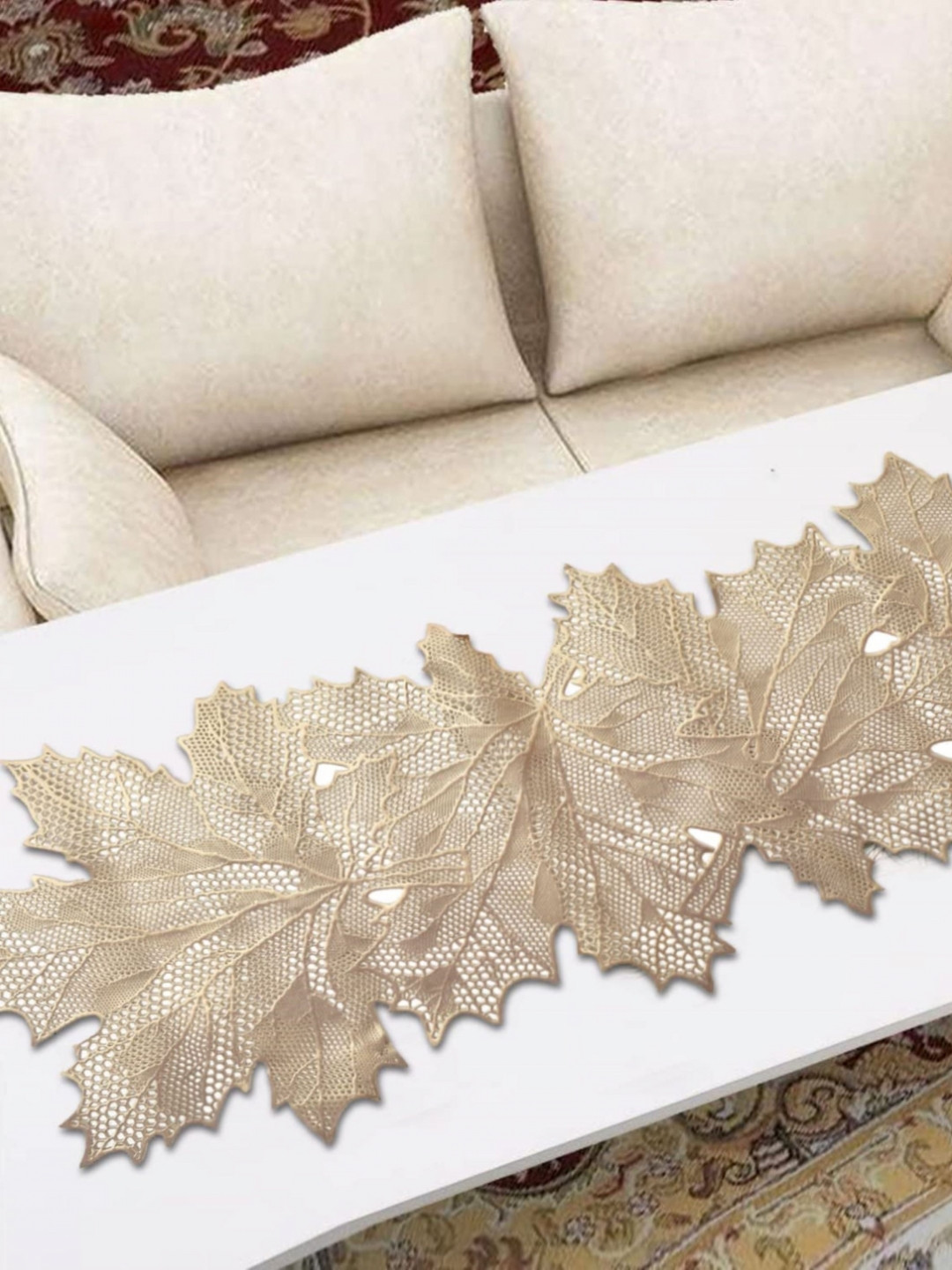 MONKDECOR Gold Toned Textured Cutwork Table Runner