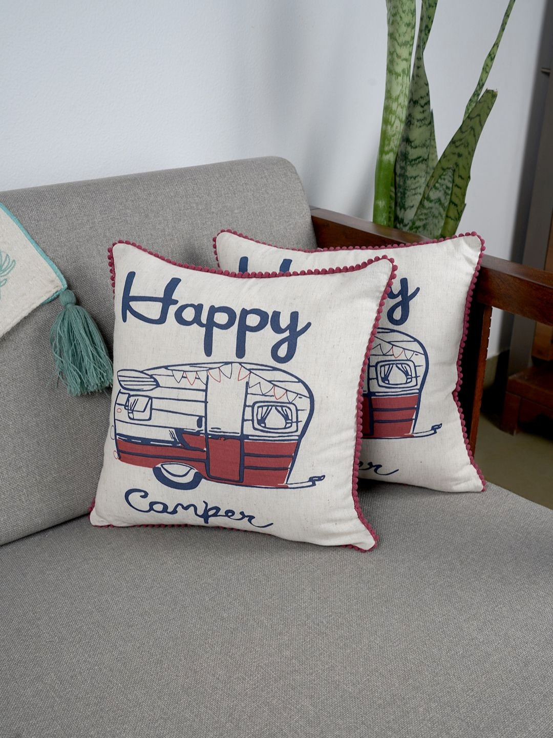 Ratan Cart Cream And Blue 2 Pieces Abstract Printed Square Pure Cotton Cushion Covers