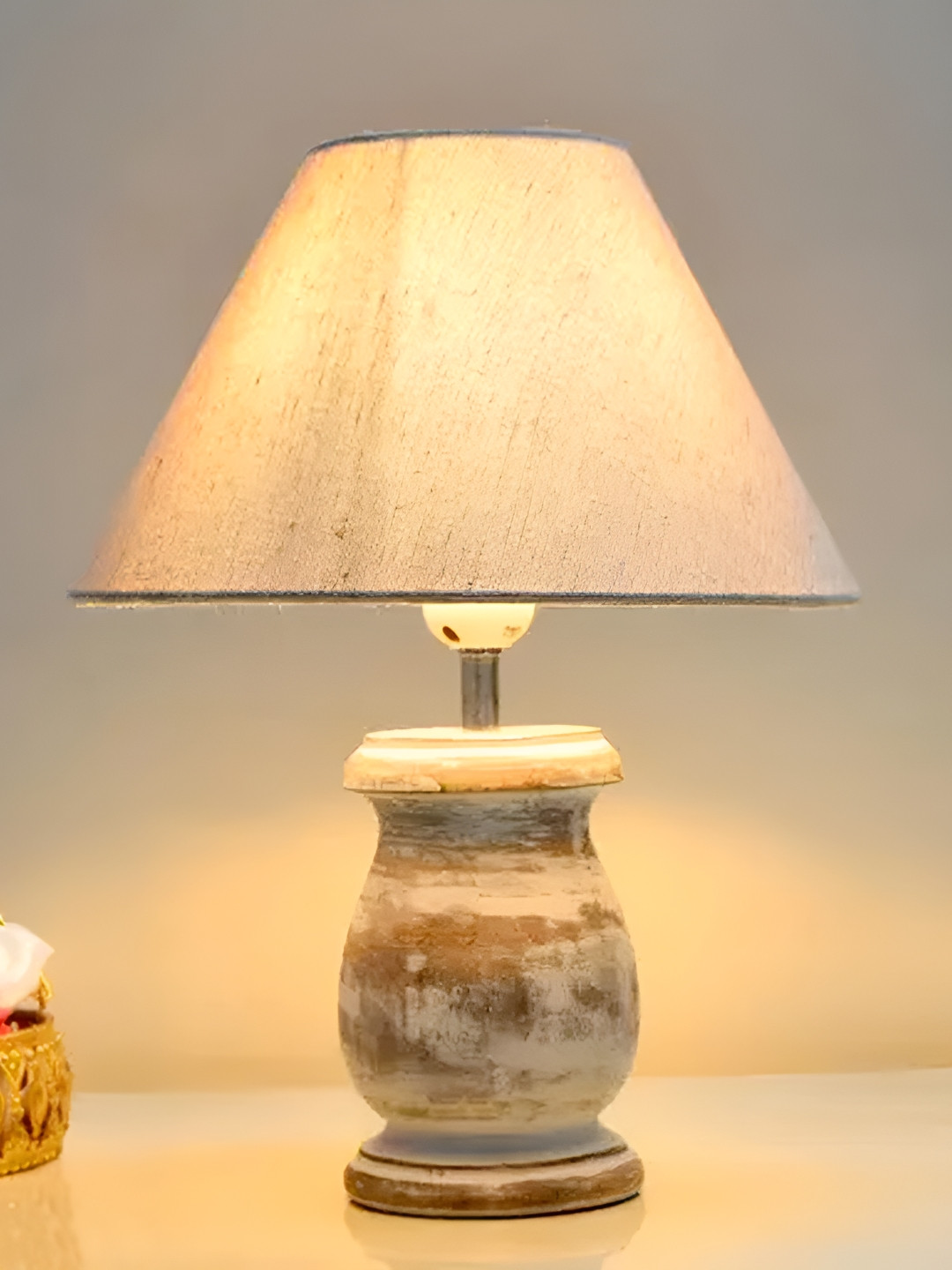 Homesake Beige & White Textured Rustic Wooden Frustum Shaped Table Lamp