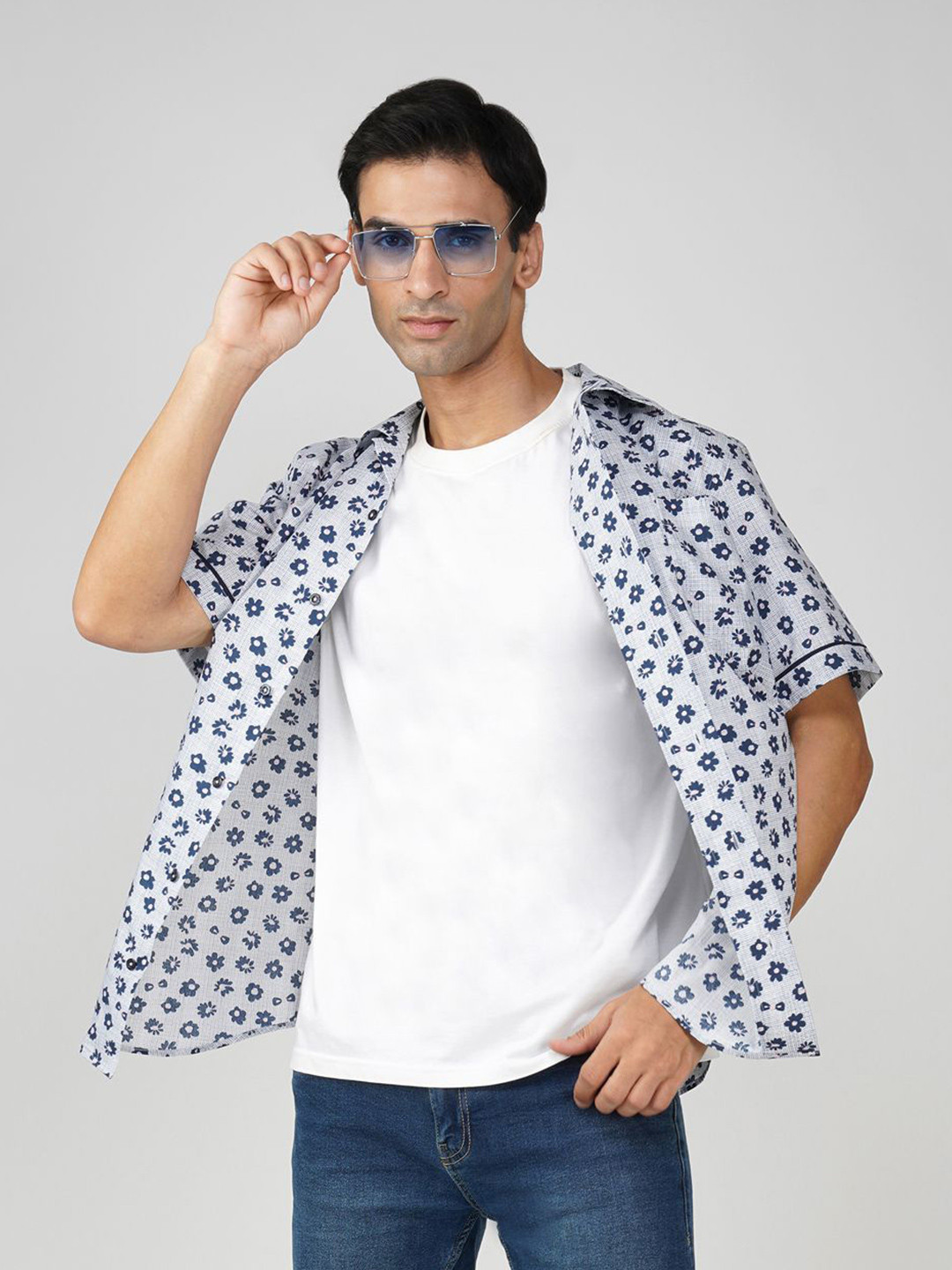 FASHION FORMAL Men Classic Fit Cuban Collar Floral Printed Cotton Casual Shirt