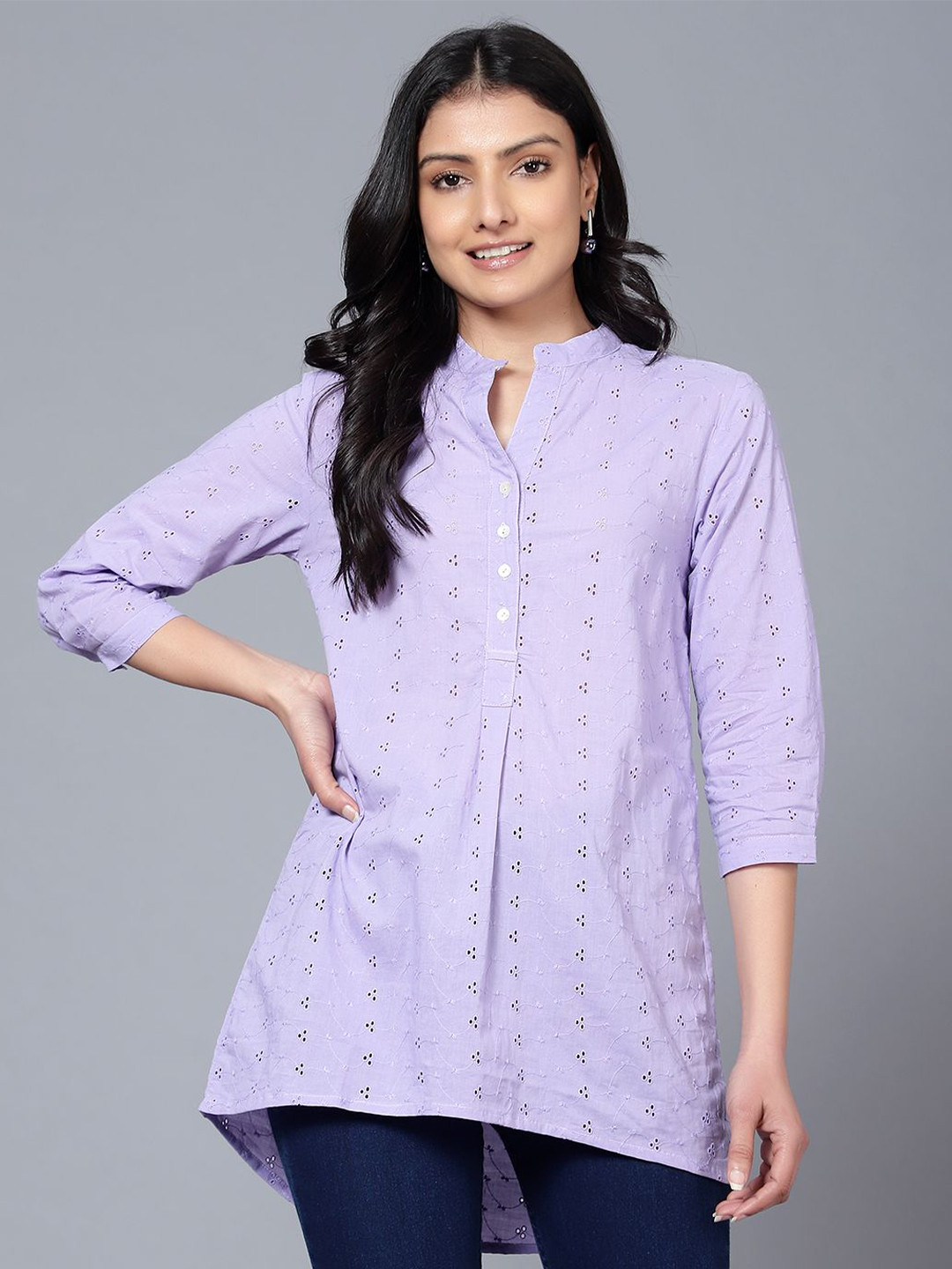 Bani Women Self Design Cotton Mandarin Collar Lavender Tunic