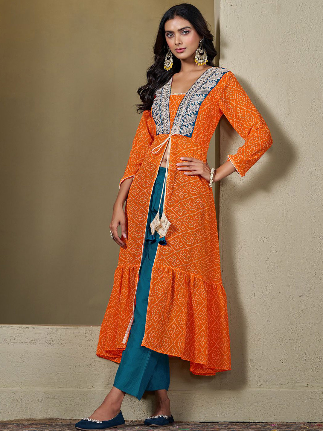 Sangria Orange Bandhani Printed Georgette Straight Kurta With Palazzos